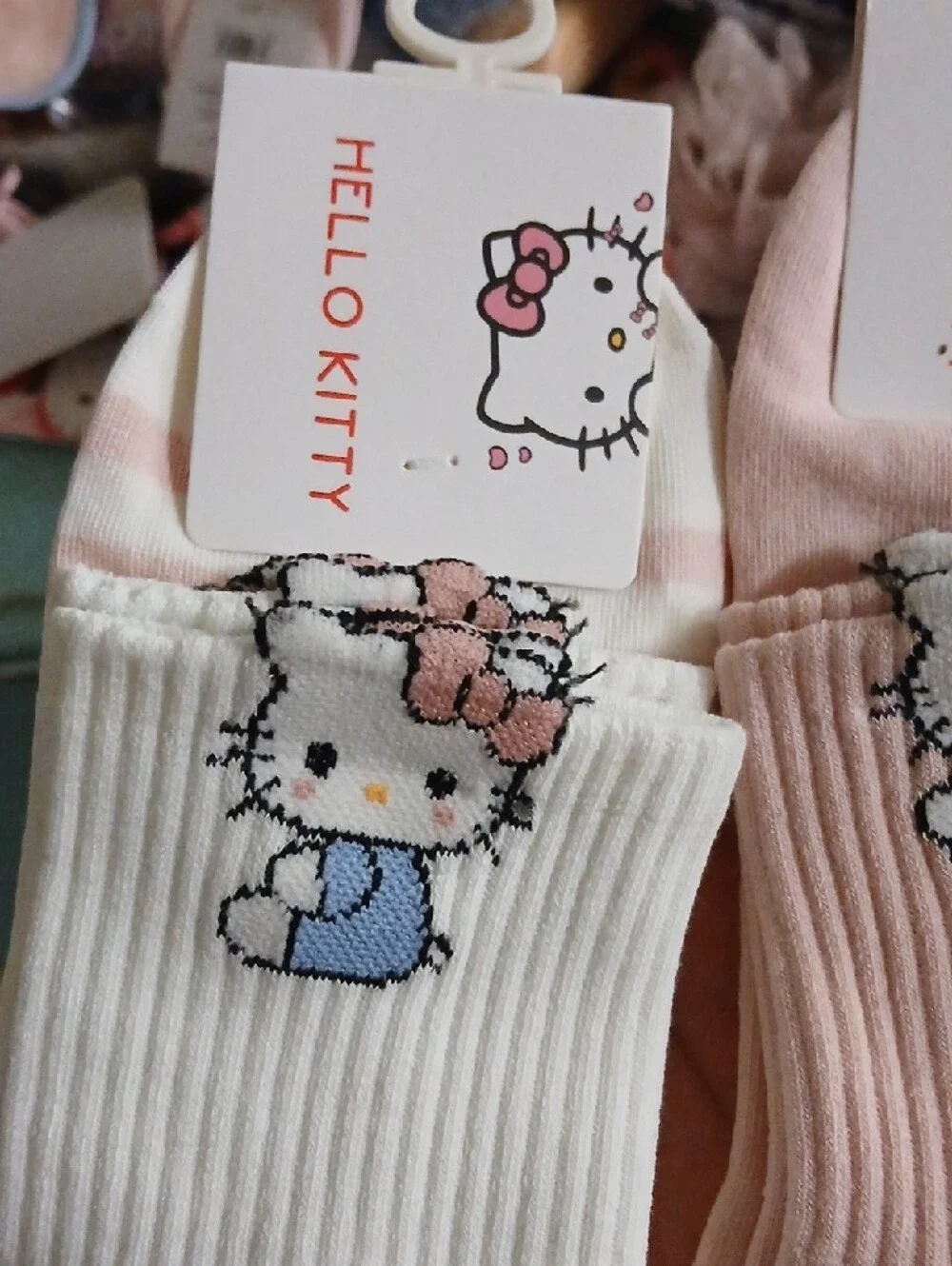 2 Hello Kitty Women's Teens Ankle Socks - White & Pink with Blue Motif